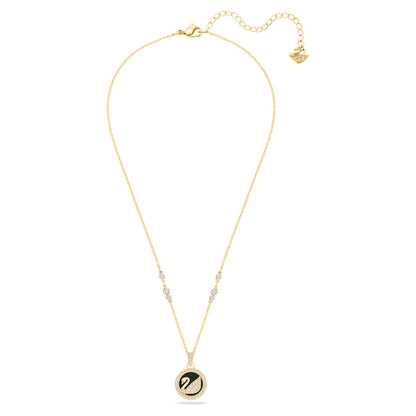 Leather Swan Pendant Necklace, Swan, Black, Gold-tone plated
