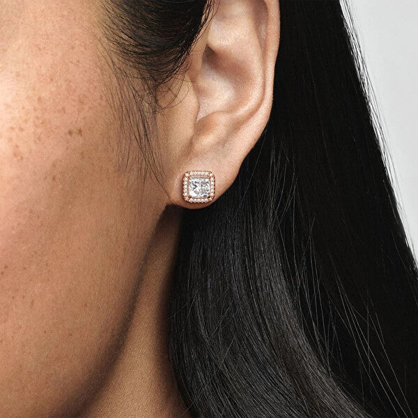 Square Sparkle Halo Stud Earrings Rose Gold Plated