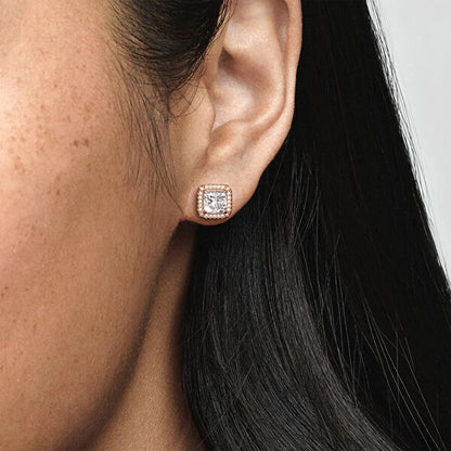 Square Sparkle Halo Stud Earrings Rose Gold Plated