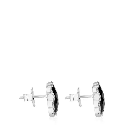 Gold Diamonds Earrings with faceted Onyx Bear motif and diamonds