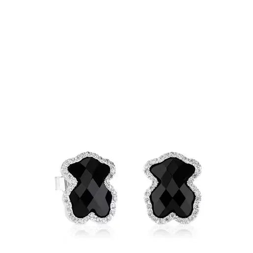 Gold Diamonds Earrings with faceted Onyx Bear motif and diamonds