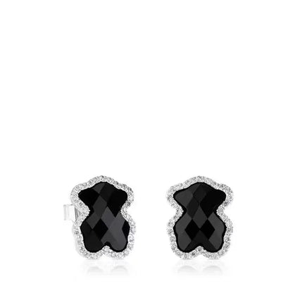 Gold Diamonds Earrings with faceted Onyx Bear motif and diamonds