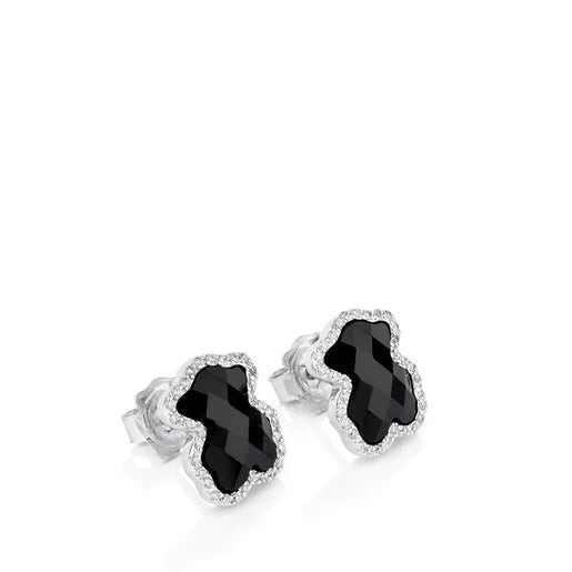 Gold Diamonds Earrings with faceted Onyx Bear motif and diamonds