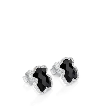 Gold Diamonds Earrings with faceted Onyx Bear motif and diamonds