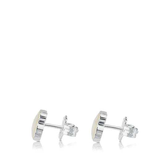 Silver Color Earrings with faceted mother-of-pearl Bear motif
