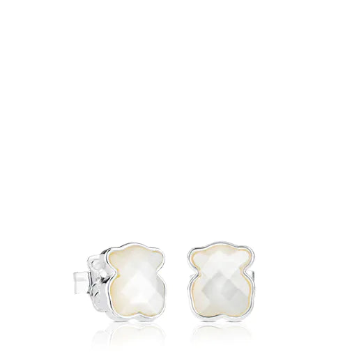 Silver Color Earrings with faceted mother-of-pearl Bear motif
