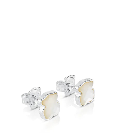 Silver Color Earrings with faceted mother-of-pearl Bear motif