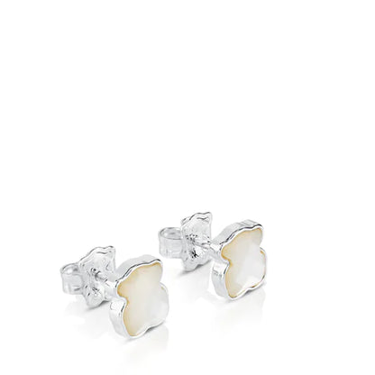Silver Color Earrings with faceted mother-of-pearl Bear motif