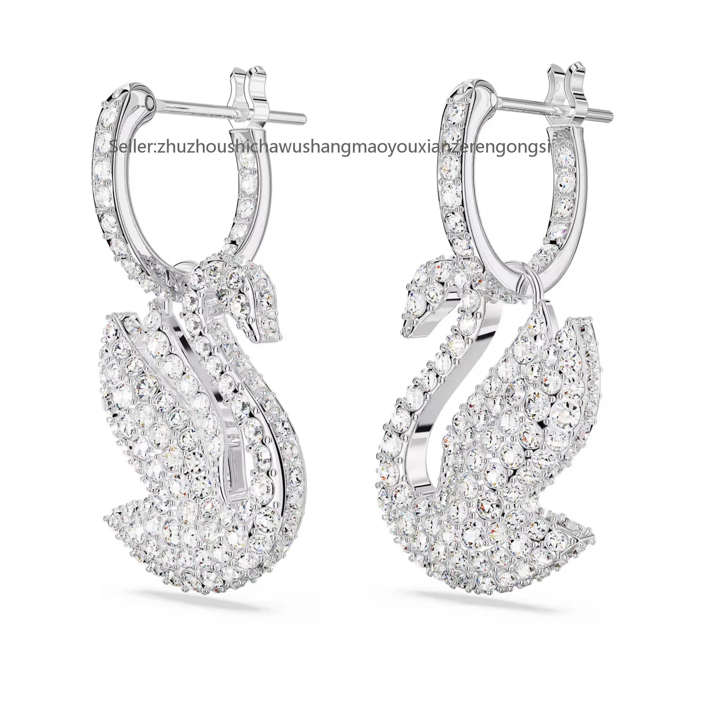 Swan drop earrings, Swan, White, Rhodium plated