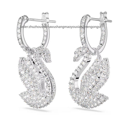 Swan drop earrings, Swan, White, Rhodium plated