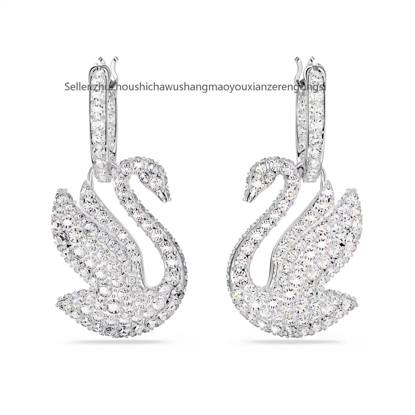 Swan drop earrings, Swan, White, Rhodium plated