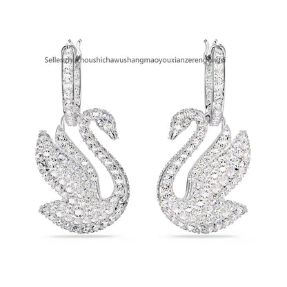Swan drop earrings, Swan, White, Rhodium plated