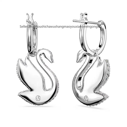 Swan drop earrings, Swan, White, Rhodium plated