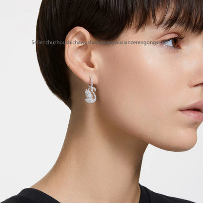 Swan drop earrings, Swan, White, Rhodium plated