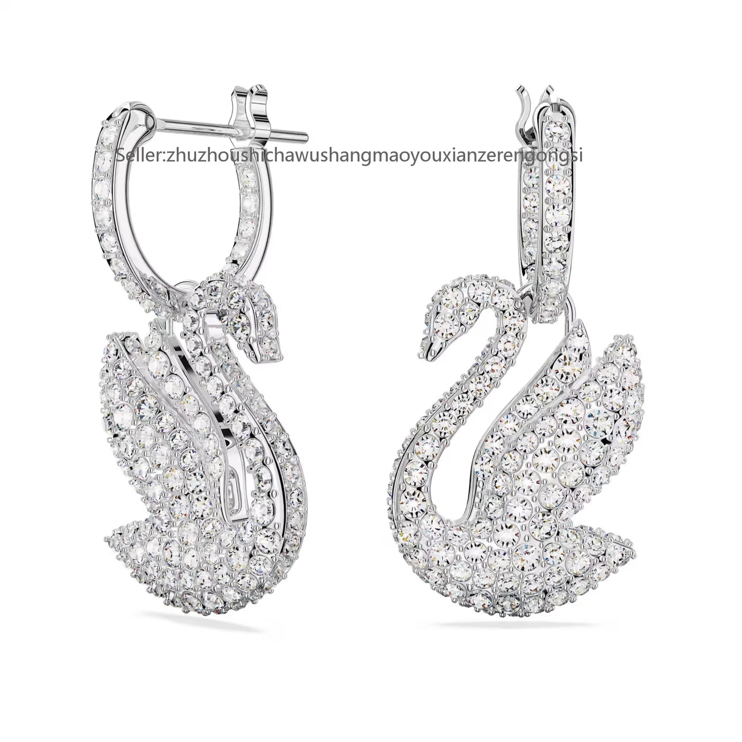 Swan drop earrings, Swan, White, Rhodium plated