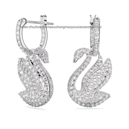 Swan drop earrings, Swan, White, Rhodium plated