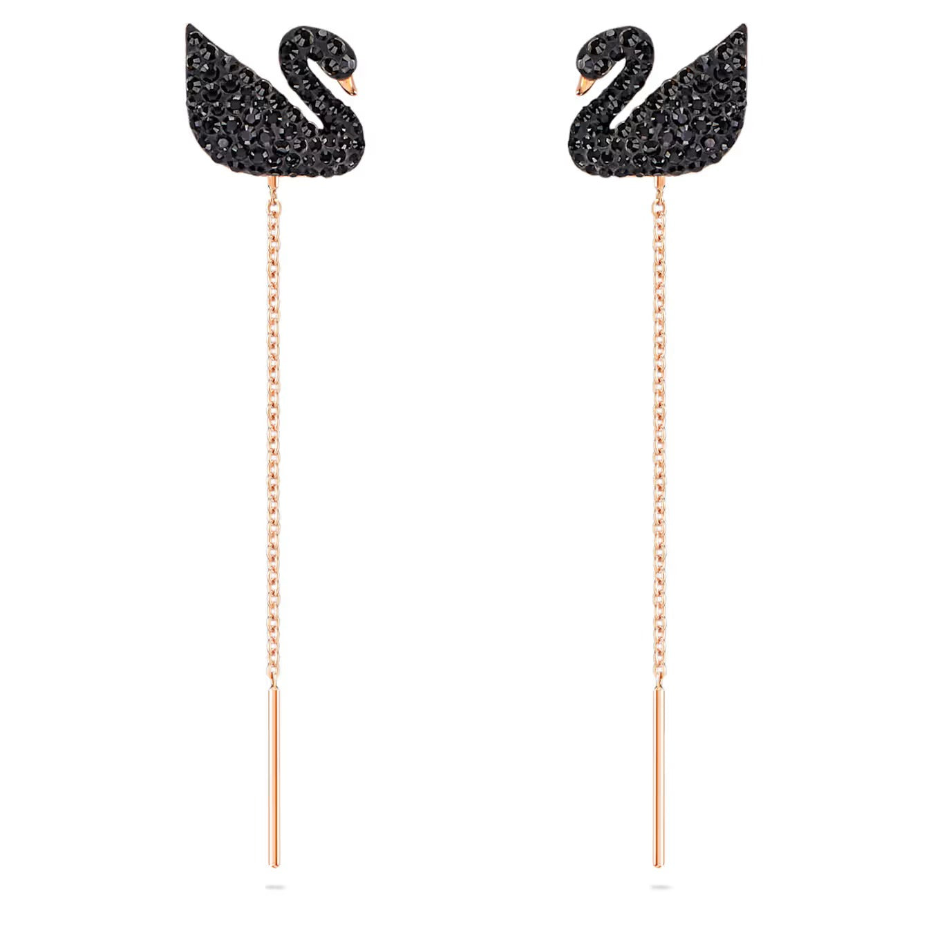 Swan Teardrop Earrings, Black, Rose Gold Tone Plated