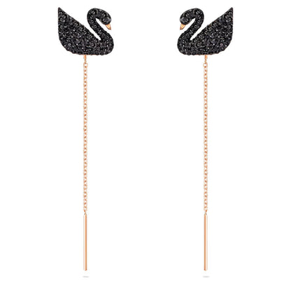 Swan Teardrop Earrings, Black, Rose Gold Tone Plated