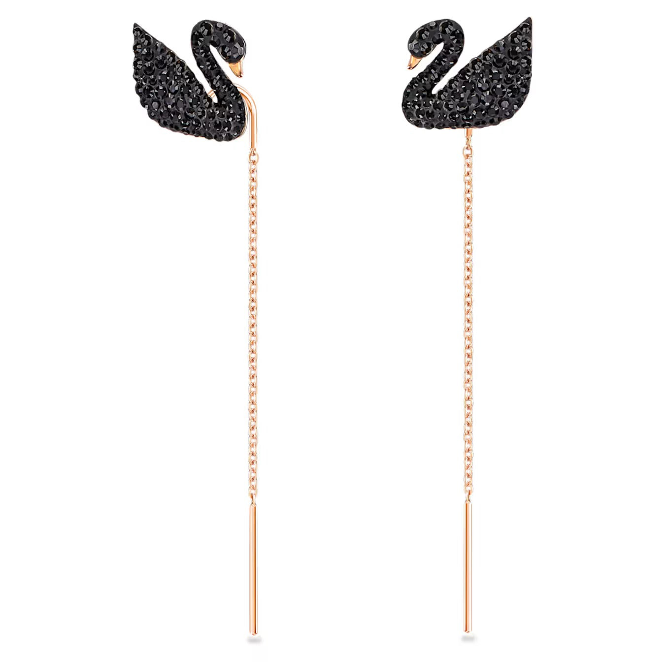 Swan Teardrop Earrings, Black, Rose Gold Tone Plated