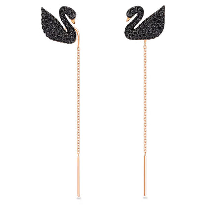 Swan Teardrop Earrings, Black, Rose Gold Tone Plated