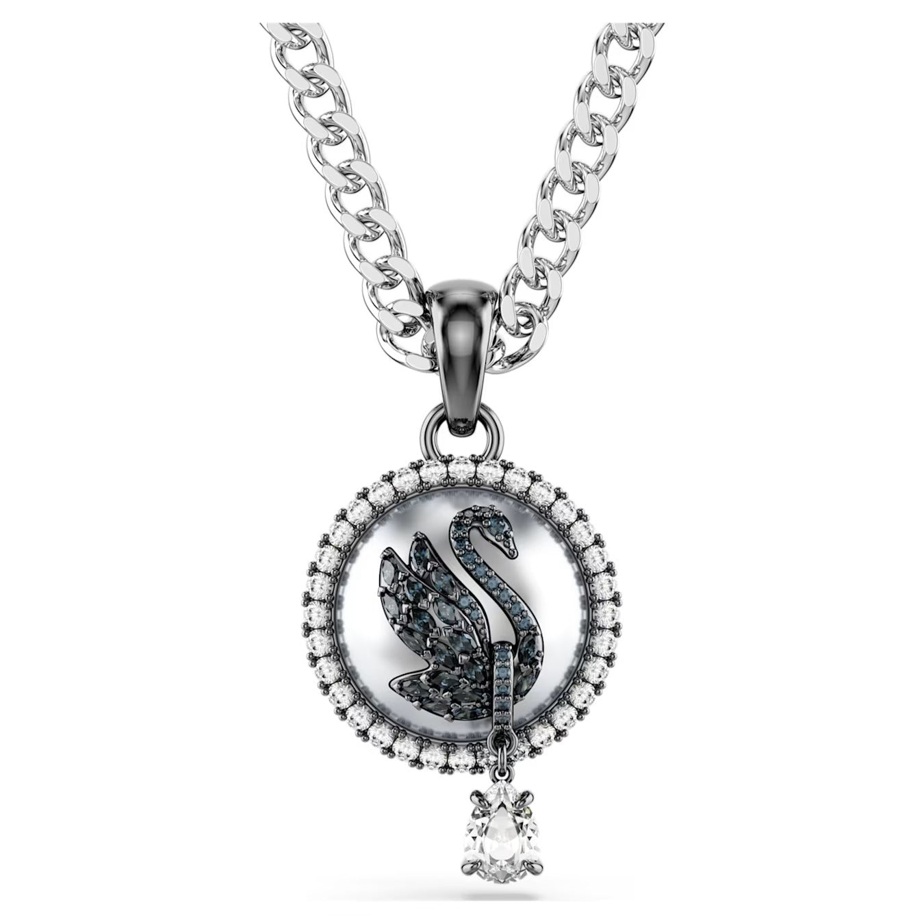 Swan pendant necklace 42 - 49 cm, Swan, Gray, Rhodium plated