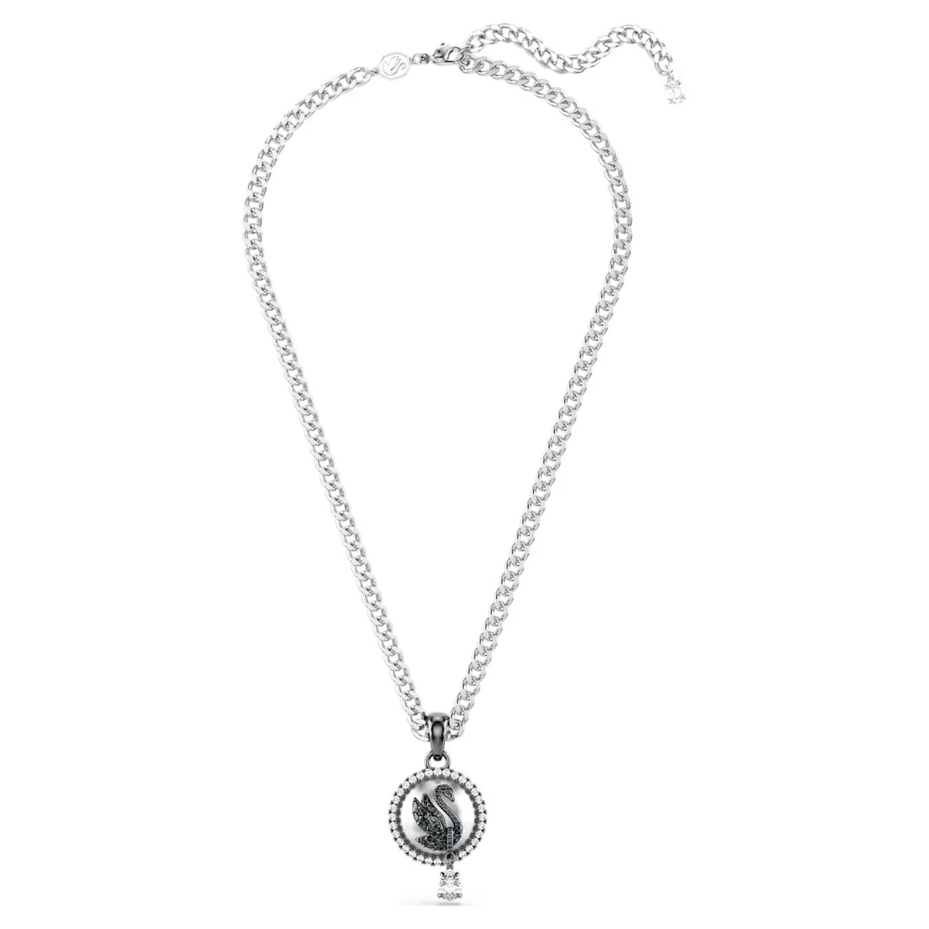 Swan pendant necklace 42 - 49 cm, Swan, Gray, Rhodium plated