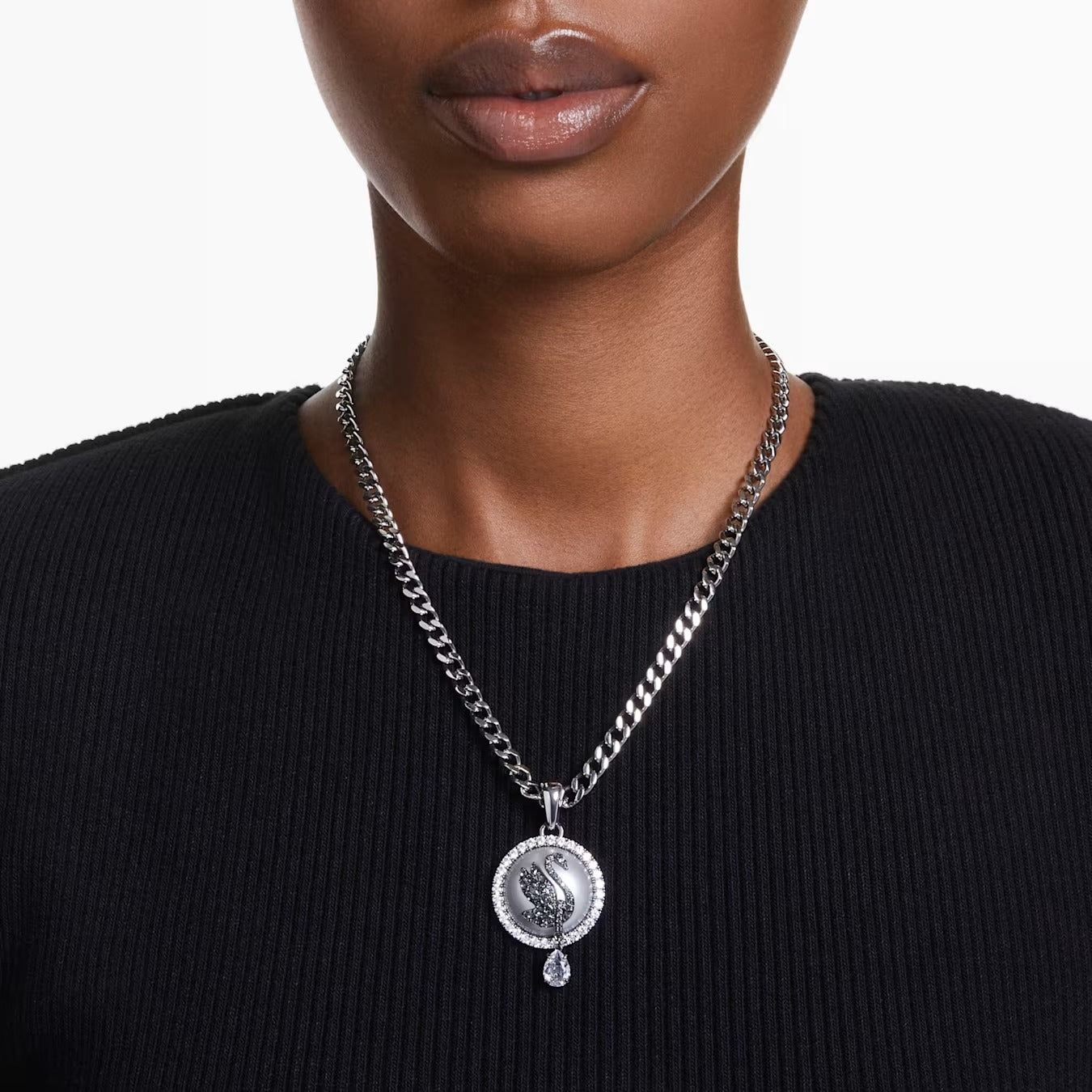 Swan pendant necklace 42 - 49 cm, Swan, Gray, Rhodium plated
