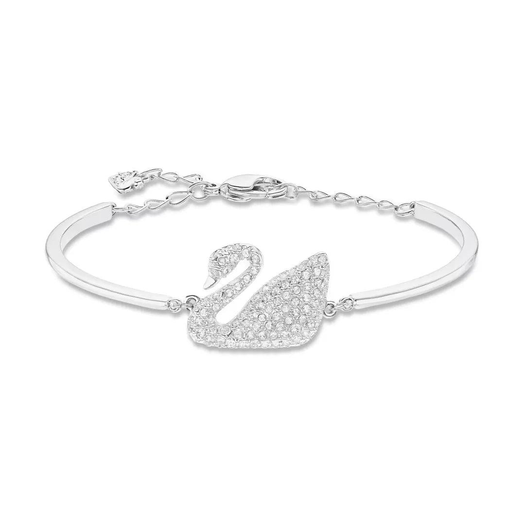 Swan Bangle, White, Rhodium Plated